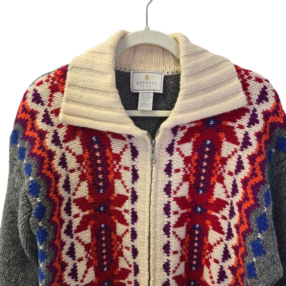 Express Tricot Vintage 100% Wool Fair Isle Print Full Zip Sweater Size Large - Picture 4 of 5